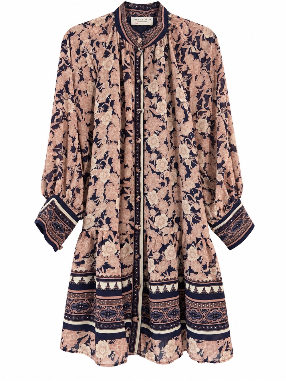 Dress Forum Blush and Navy Floral Long-Sleeve Tie-Waist Dress